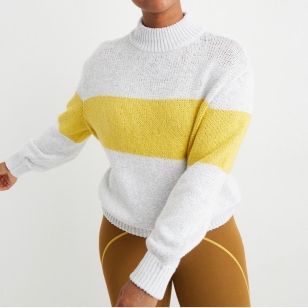 Aerie Oh So Soft Mock Neck Yellow Stripe Chunky Sweater Size Large